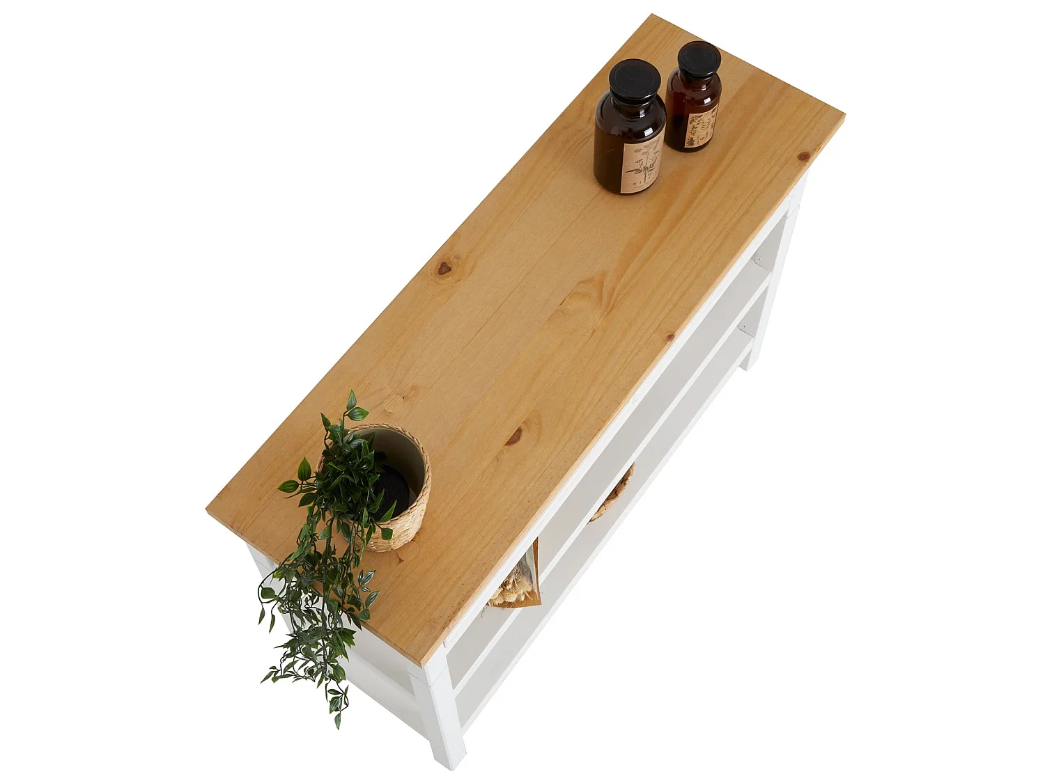 Table console TEQUILA table d'appoint style mexicain avec 1 grand tiroir et 2 étagères, en pin massif lasuré blanc et brun