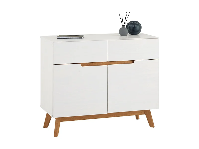 Buffet salle à manger TIBOR en bois massif L 98 cm blanc  avec 2 tiroirs et 2 portes battantes
