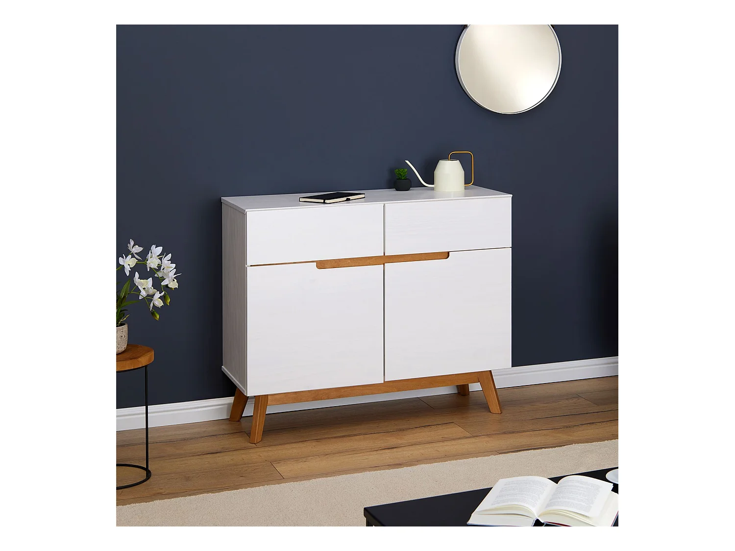 Buffet salle à manger TIBOR en bois massif L 98 cm blanc  avec 2 tiroirs et 2 portes battantes