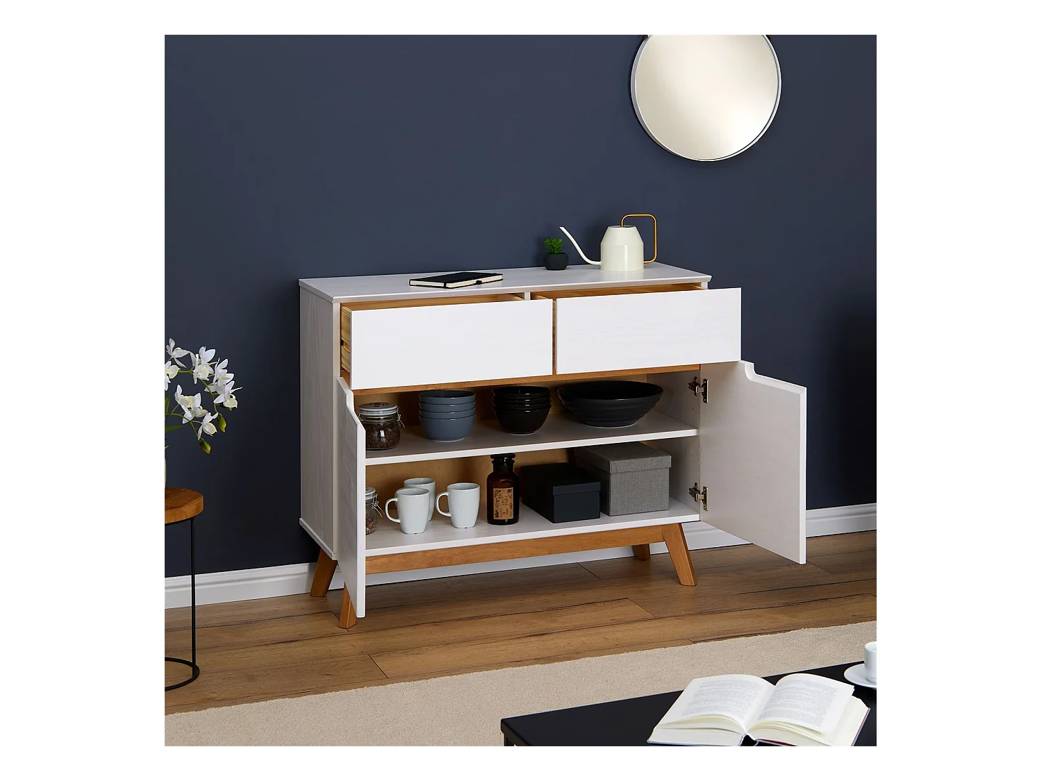 Buffet salle à manger TIBOR en bois massif L 98 cm blanc  avec 2 tiroirs et 2 portes battantes