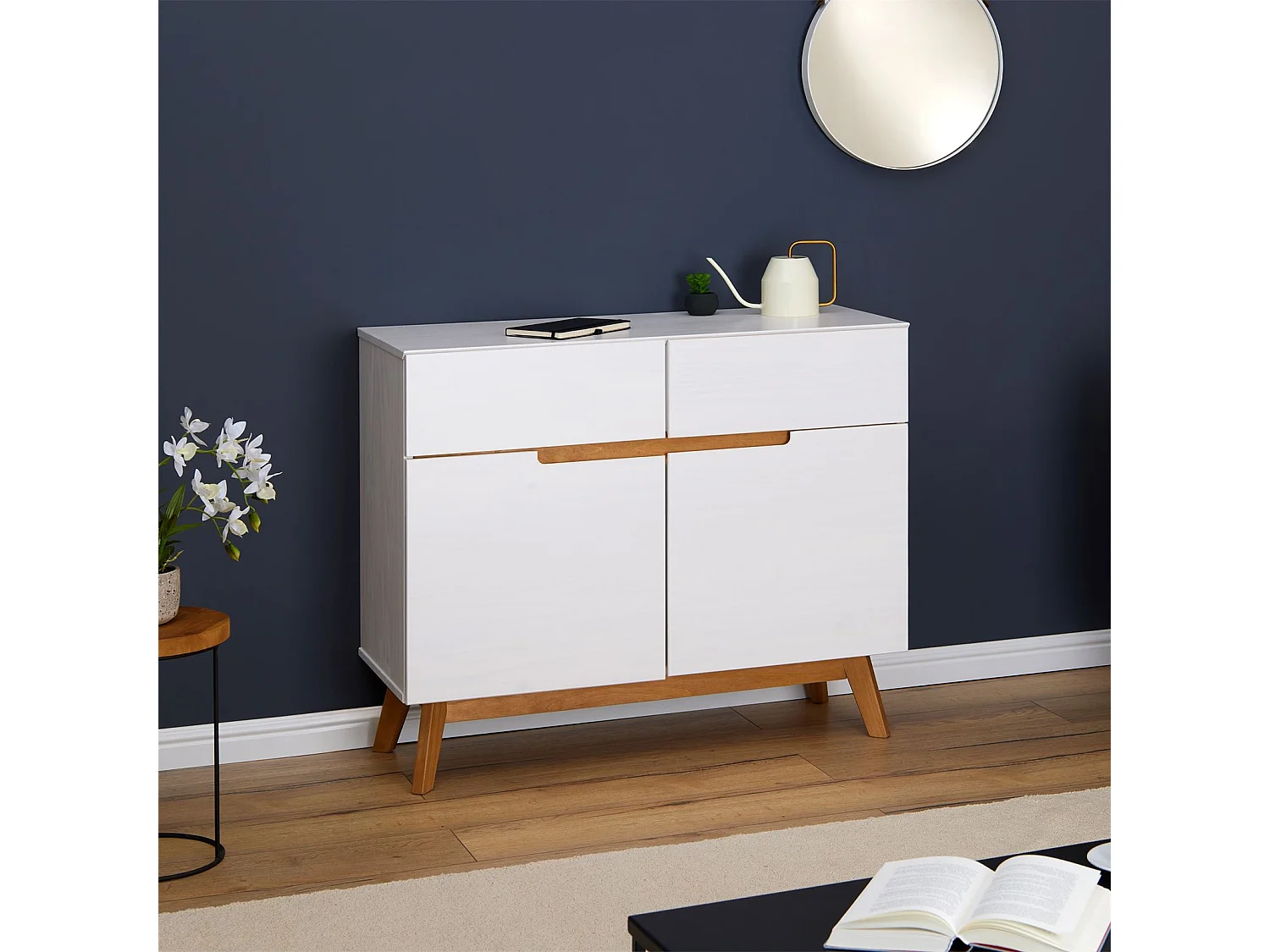 Buffet salle à manger TIBOR en bois massif L 98 cm blanc  avec 2 tiroirs et 2 portes battantes