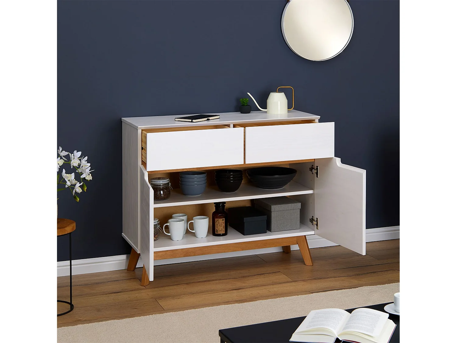 Buffet salle à manger TIBOR en bois massif L 98 cm blanc  avec 2 tiroirs et 2 portes battantes