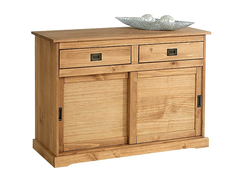 Buffet SAVONA bahut vaisselier commode avec 2 tiroirs et 2 portes coulissantes, en pin massif lasuré brun