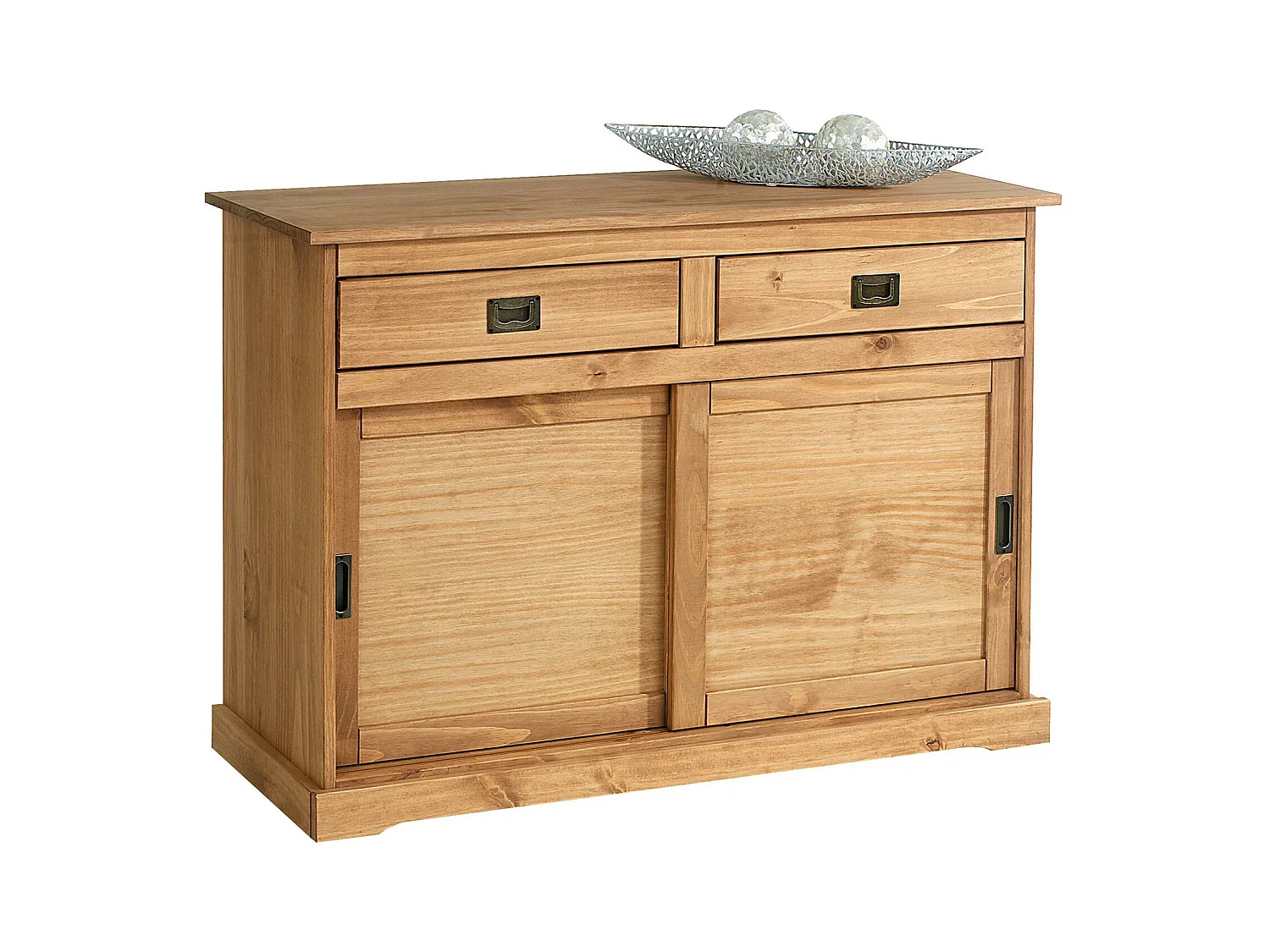 Buffet SAVONA bahut vaisselier commode avec 2 tiroirs et 2 portes coulissantes, en pin massif lasuré brun