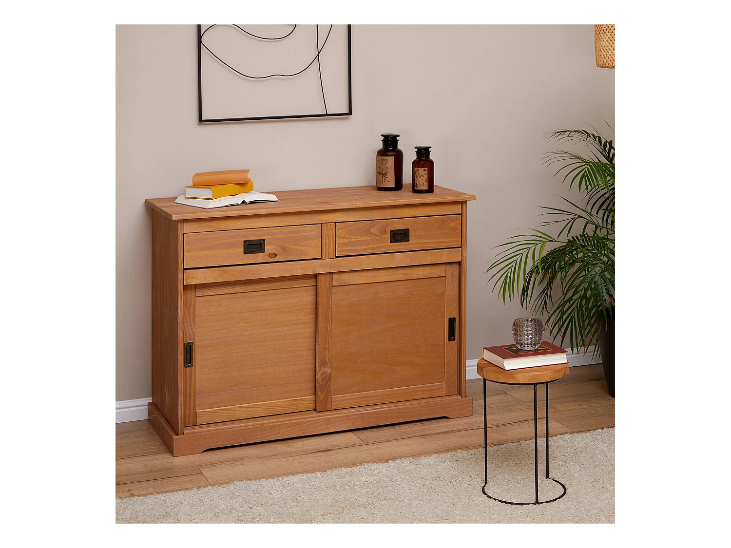 Buffet SAVONA bahut vaisselier commode avec 2 tiroirs et 2 portes coulissantes, en pin massif lasuré brun