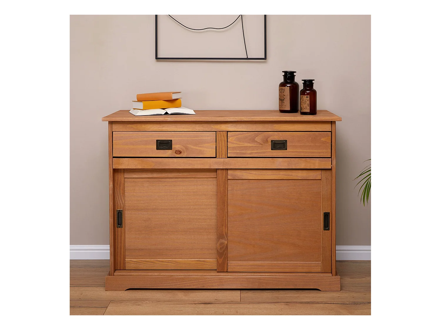 Buffet SAVONA bahut vaisselier commode avec 2 tiroirs et 2 portes coulissantes, en pin massif lasuré brun