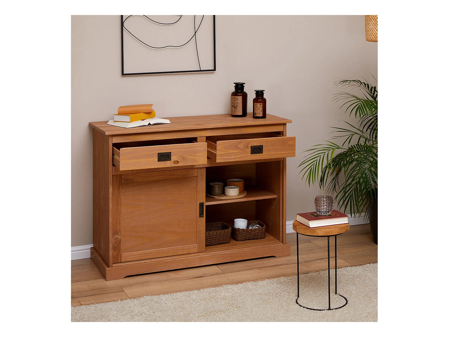 Buffet SAVONA bahut vaisselier commode avec 2 tiroirs et 2 portes coulissantes, en pin massif lasuré brun