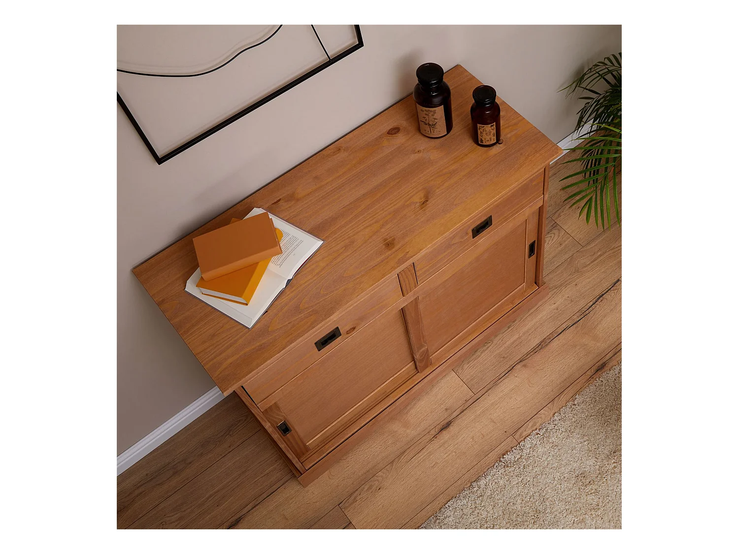 Buffet SAVONA bahut vaisselier commode avec 2 tiroirs et 2 portes coulissantes, en pin massif lasuré brun