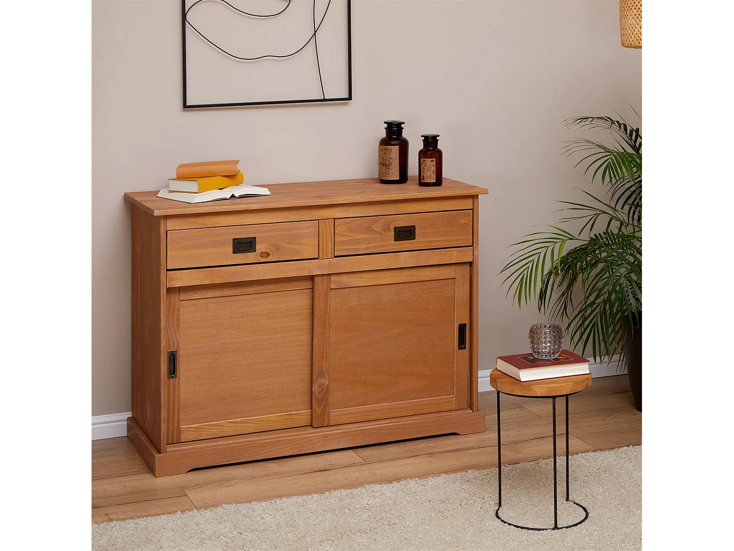 Buffet SAVONA bahut vaisselier commode avec 2 tiroirs et 2 portes coulissantes, en pin massif lasuré brun