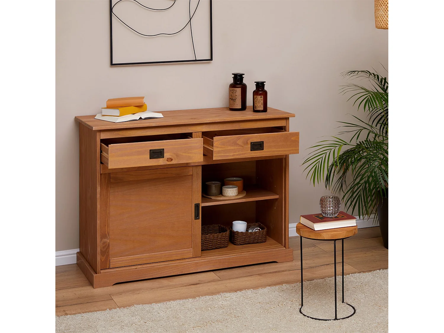 Buffet SAVONA bahut vaisselier commode avec 2 tiroirs et 2 portes coulissantes, en pin massif lasuré brun