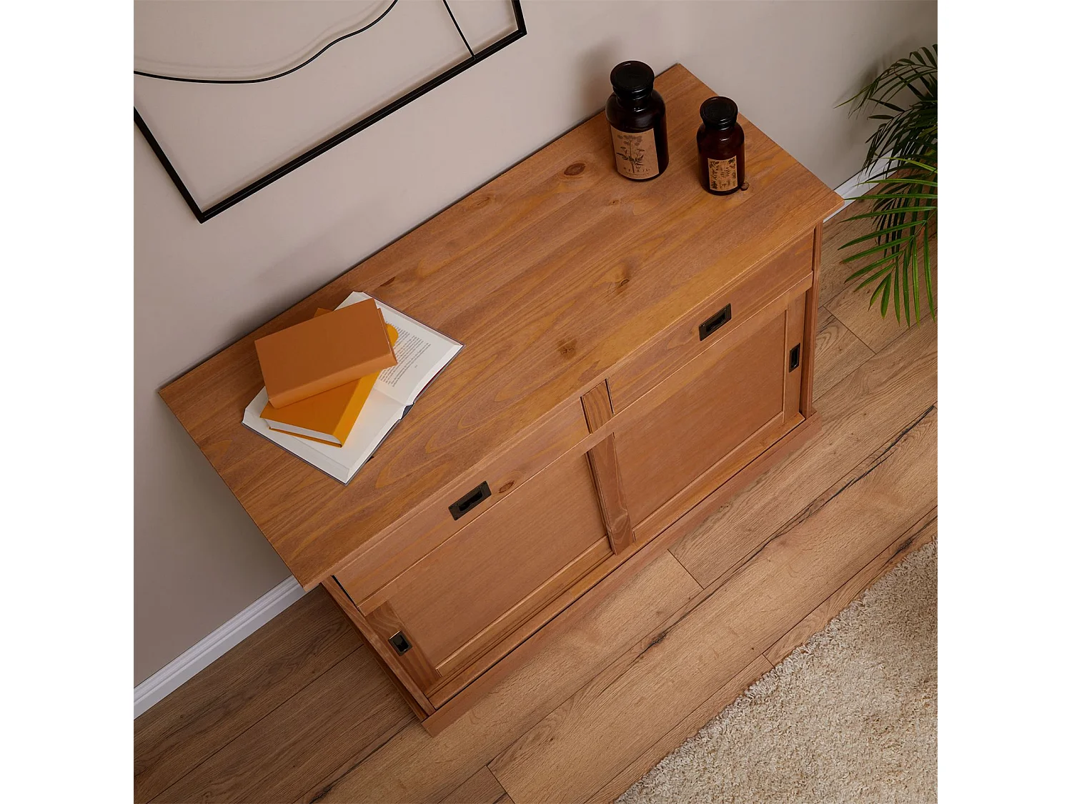 Buffet SAVONA bahut vaisselier commode avec 2 tiroirs et 2 portes coulissantes, en pin massif lasuré brun