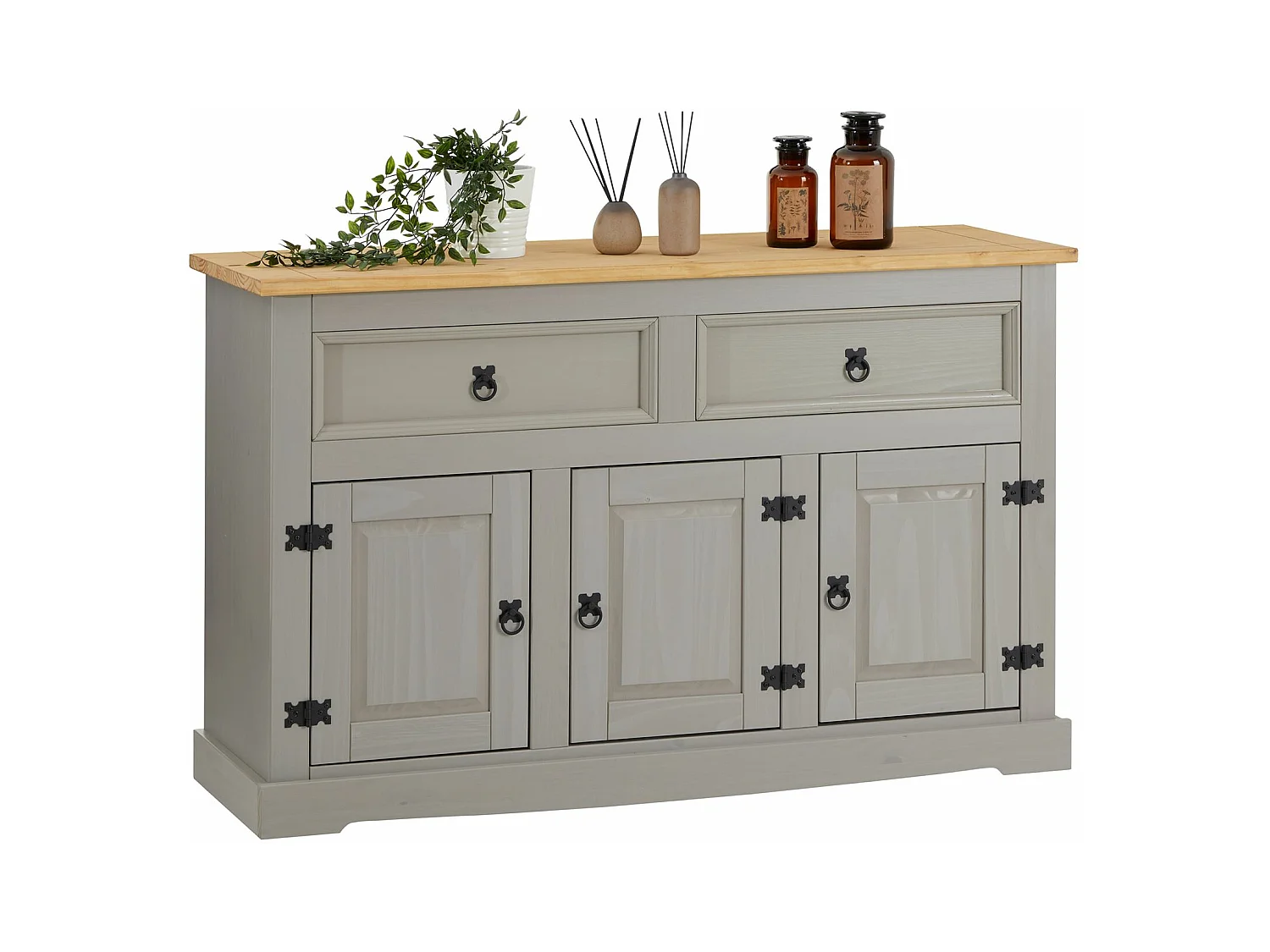 Buffet salle à manger TEQUILA L 133 cm en bois massif gris avec 3 portes et 2 tiroirs meuble de rangement bas