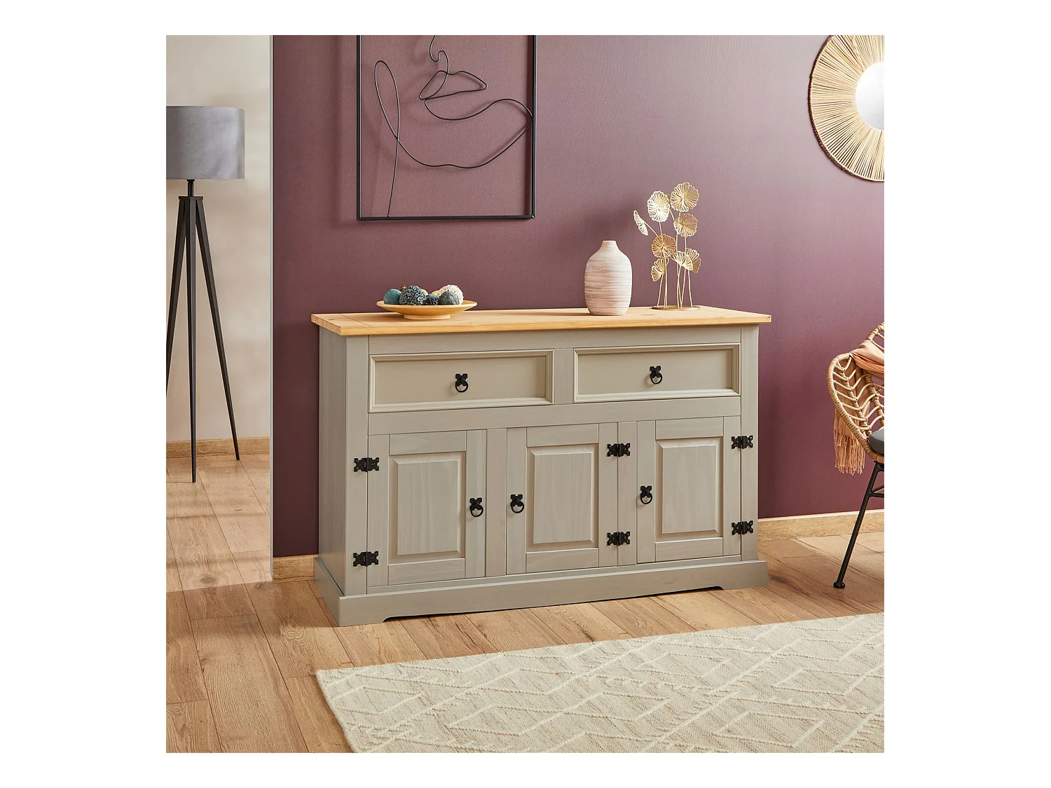 Buffet salle à manger TEQUILA L 133 cm en bois massif gris avec 3 portes et 2 tiroirs meuble de rangement bas