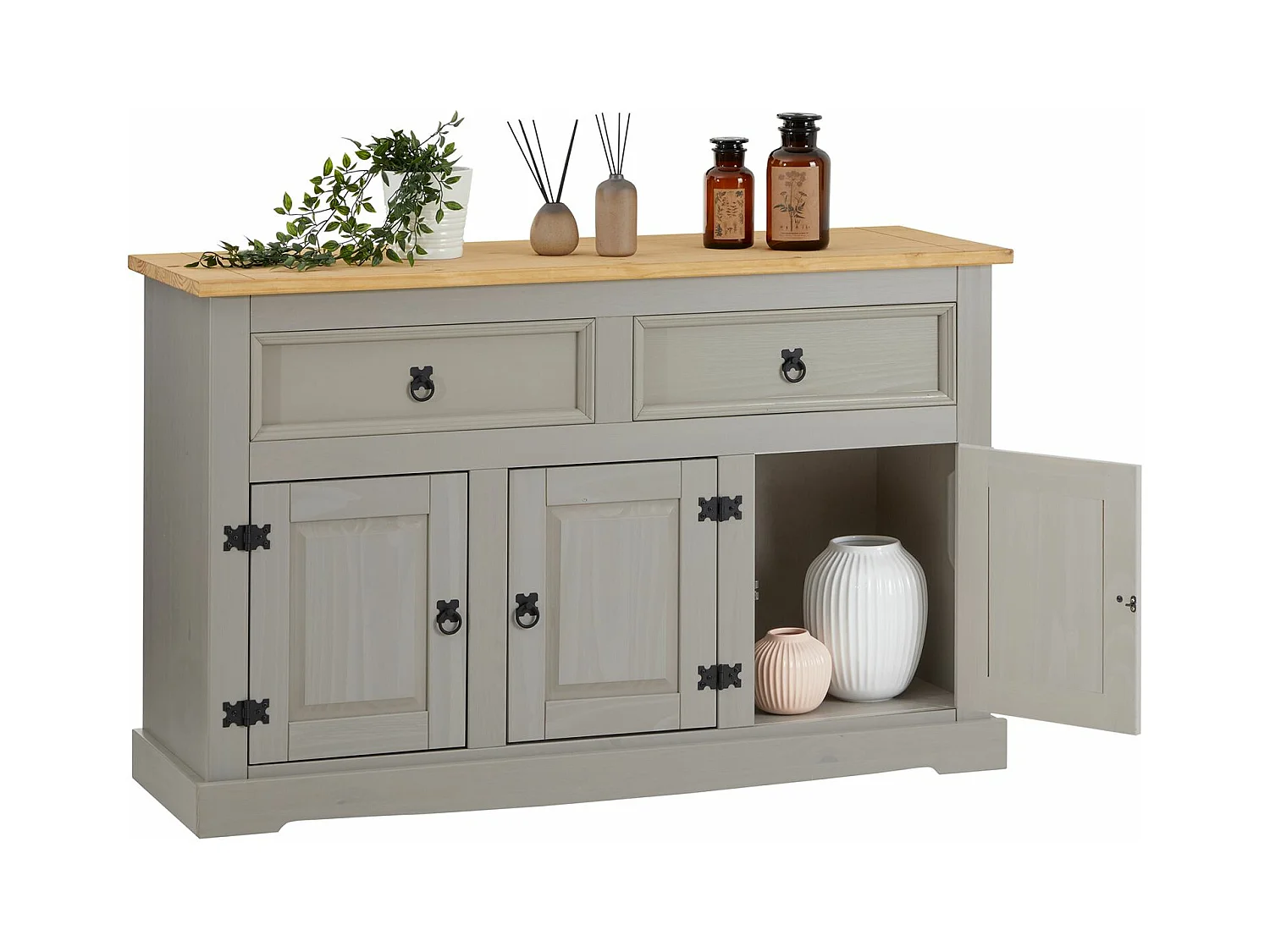 Buffet salle à manger TEQUILA L 133 cm en bois massif gris avec 3 portes et 2 tiroirs meuble de rangement bas