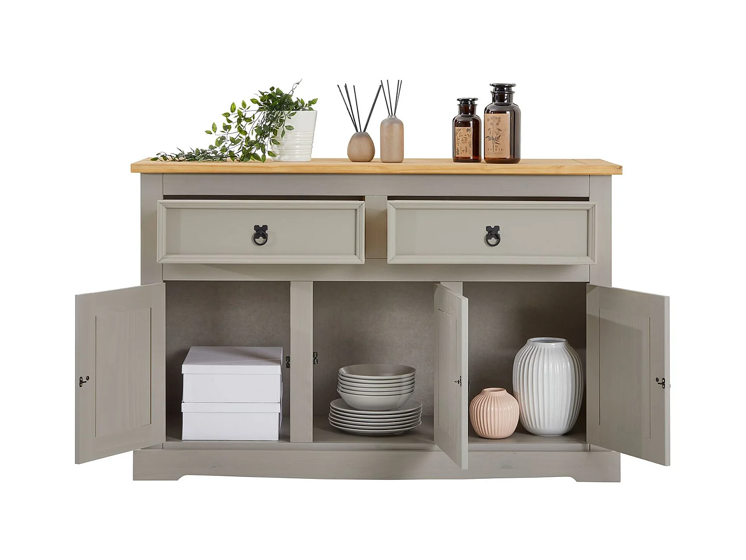 Buffet salle à manger TEQUILA L 133 cm en bois massif gris avec 3 portes et 2 tiroirs meuble de rangement bas