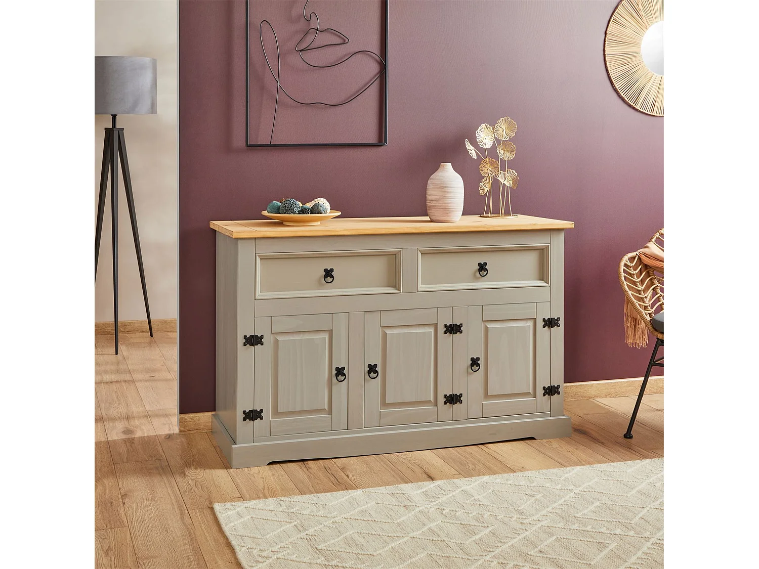 Buffet salle à manger TEQUILA L 133 cm en bois massif gris avec 3 portes et 2 tiroirs meuble de rangement bas