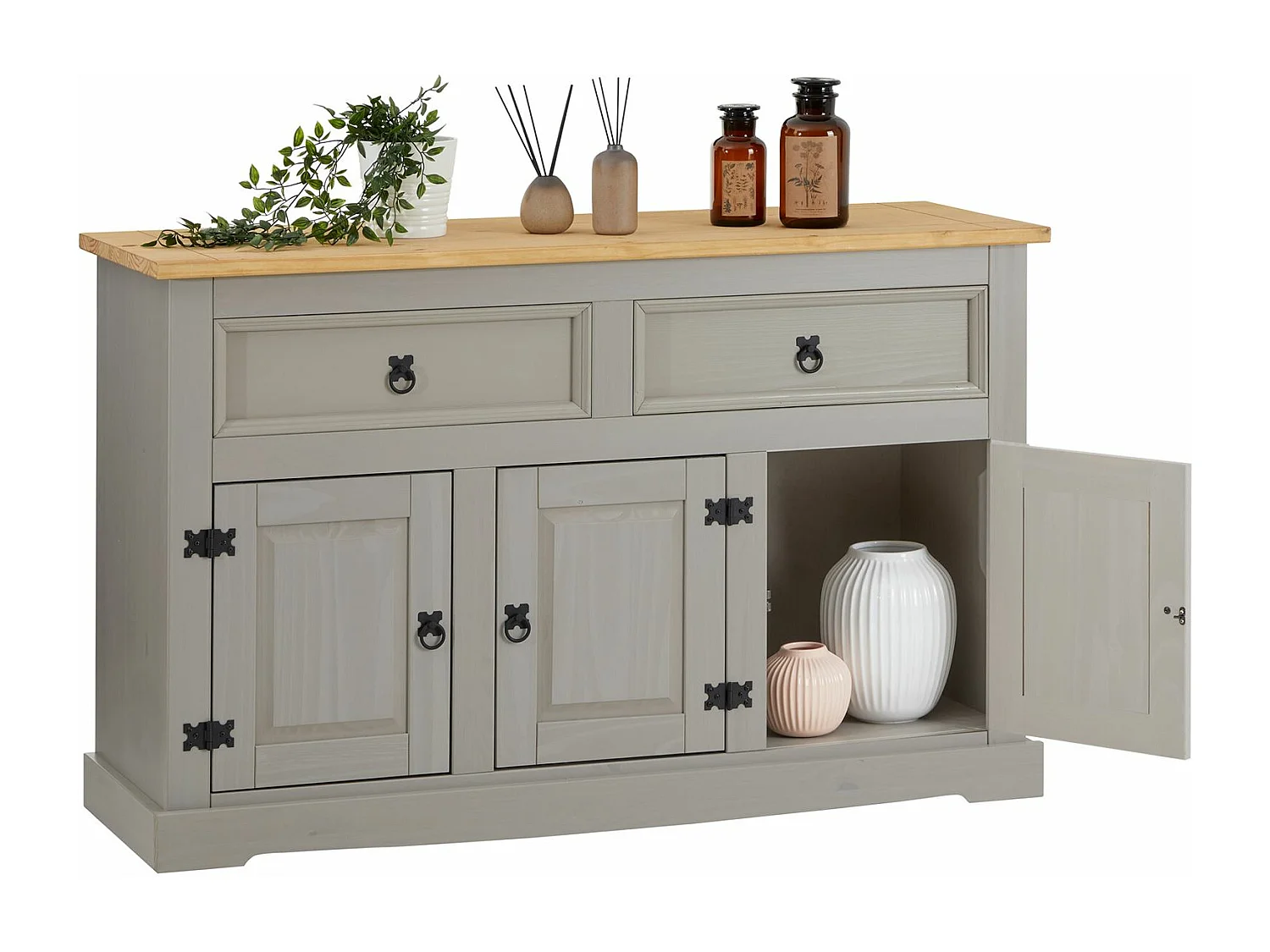 Buffet salle à manger TEQUILA L 133 cm en bois massif gris avec 3 portes et 2 tiroirs meuble de rangement bas