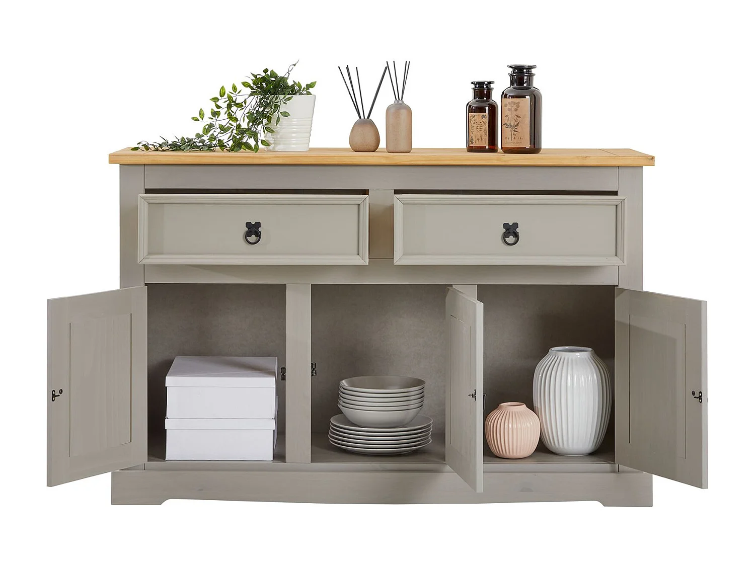 Buffet salle à manger TEQUILA L 133 cm en bois massif gris avec 3 portes et 2 tiroirs meuble de rangement bas