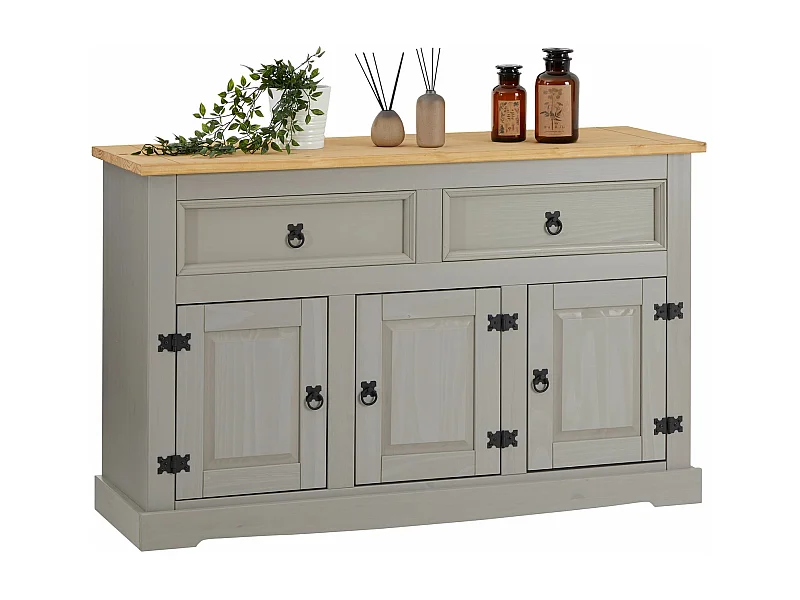 Buffet salle à manger TEQUILA L 133 cm en bois massif gris avec 3 portes et 2 tiroirs meuble de rangement bas