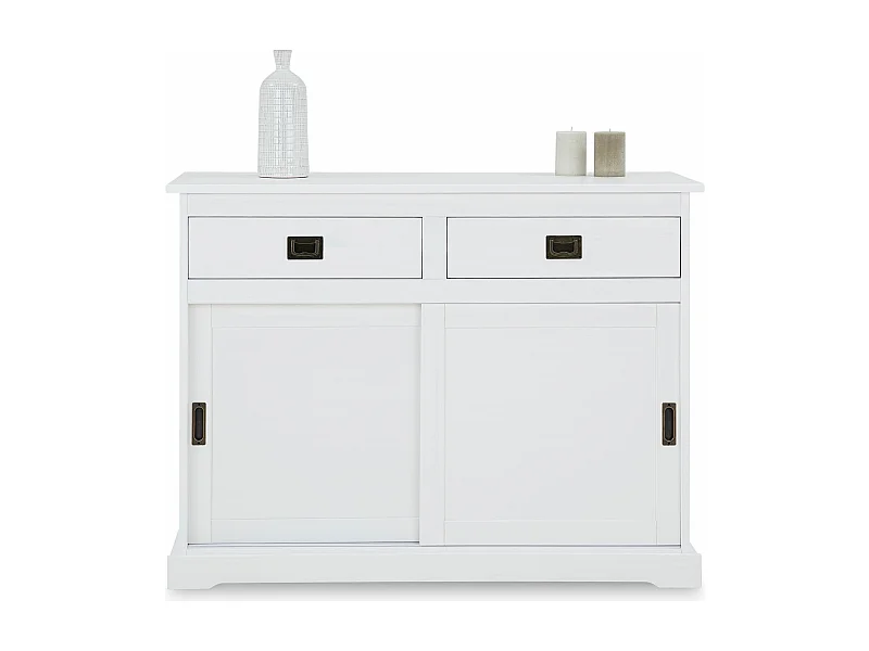 Buffet salle à manger SAVONA L 110 cm en bois massif blanc 2 tiroirs 2 portes coulissantes meuble rangement