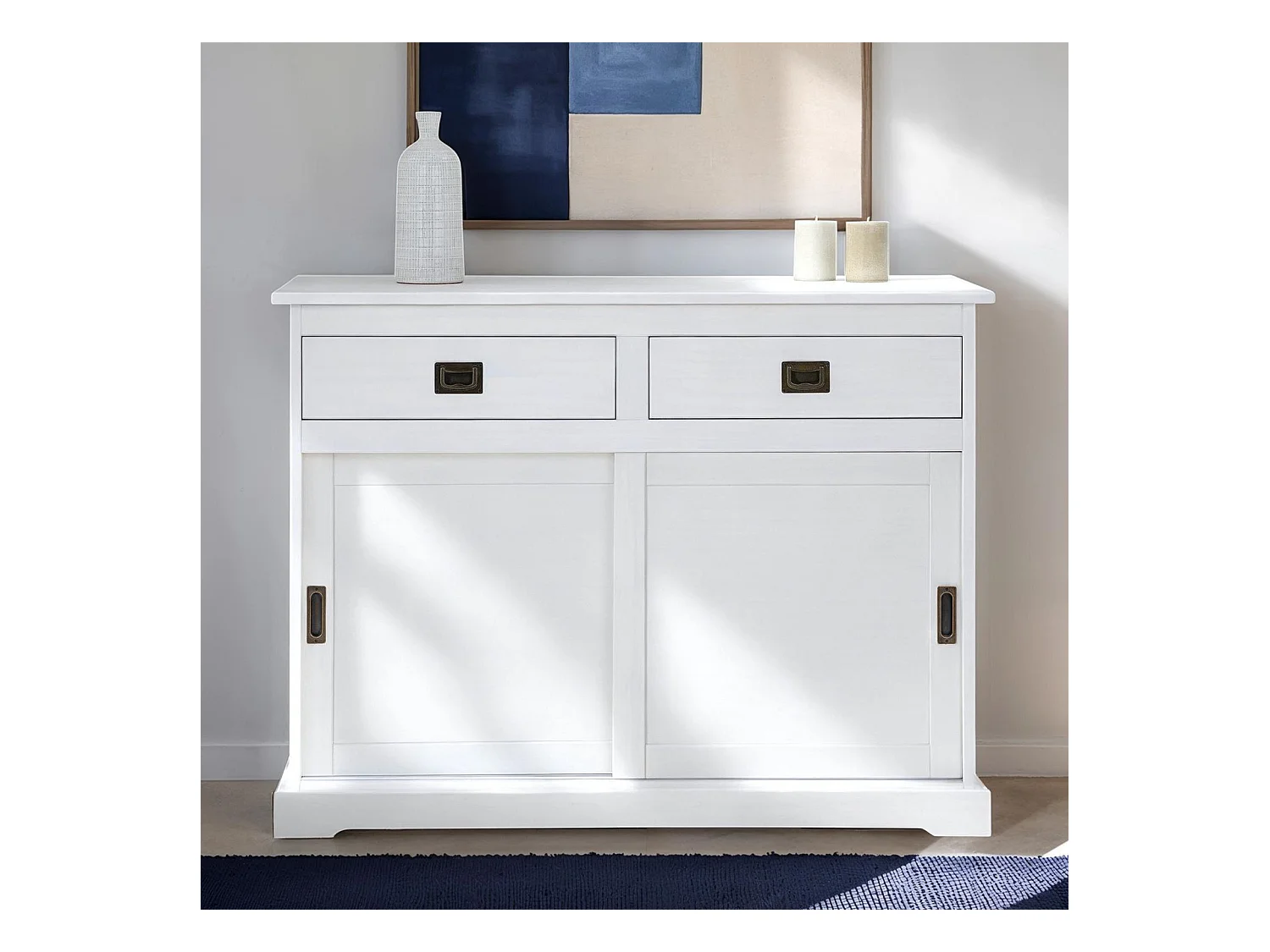 Buffet salle à manger SAVONA L 110 cm en bois massif blanc 2 tiroirs 2 portes coulissantes meuble rangement