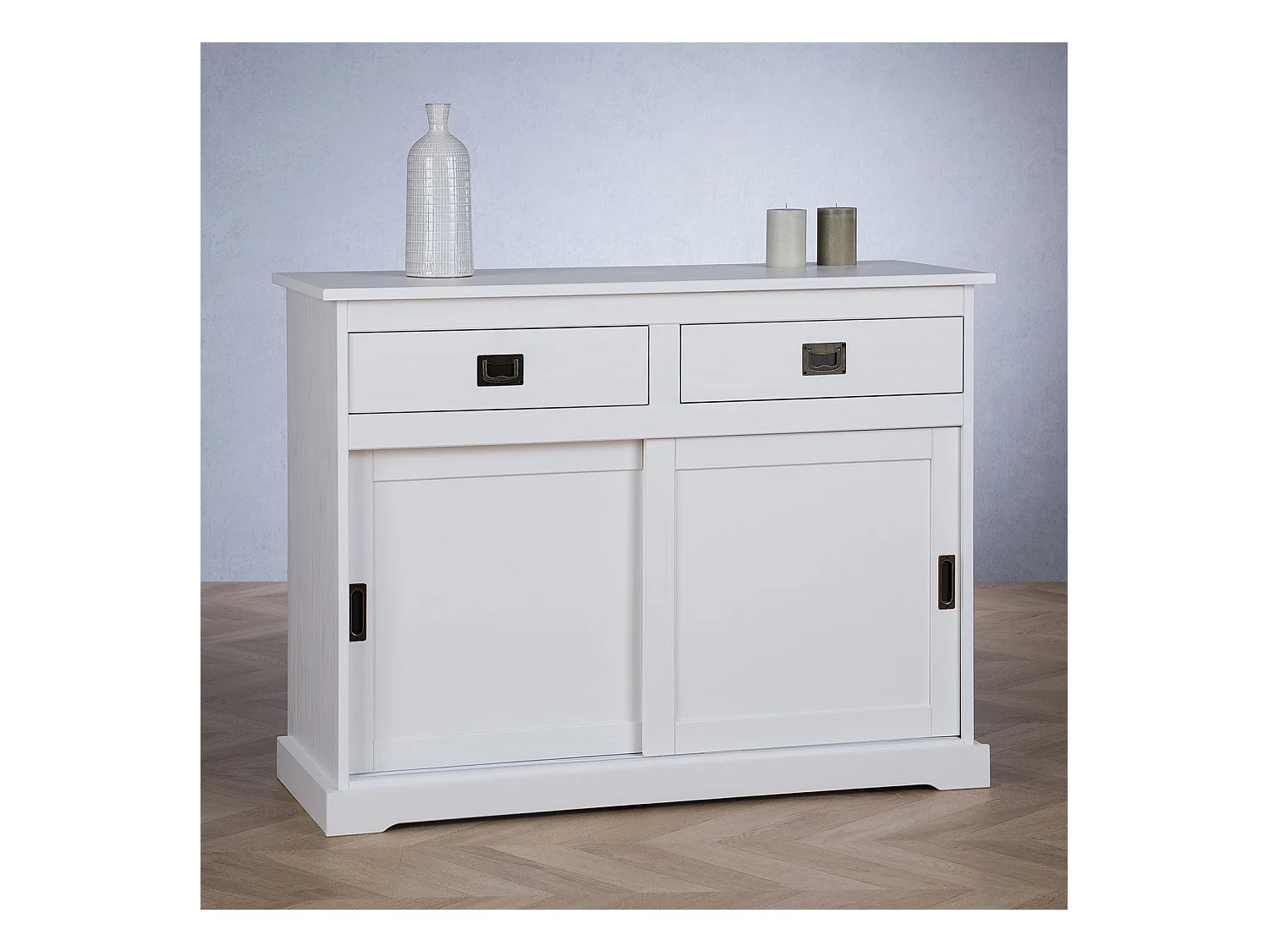 Buffet salle à manger SAVONA L 110 cm en bois massif blanc 2 tiroirs 2 portes coulissantes meuble rangement