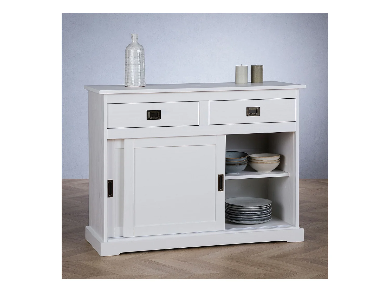 Buffet salle à manger SAVONA L 110 cm en bois massif blanc 2 tiroirs 2 portes coulissantes meuble rangement