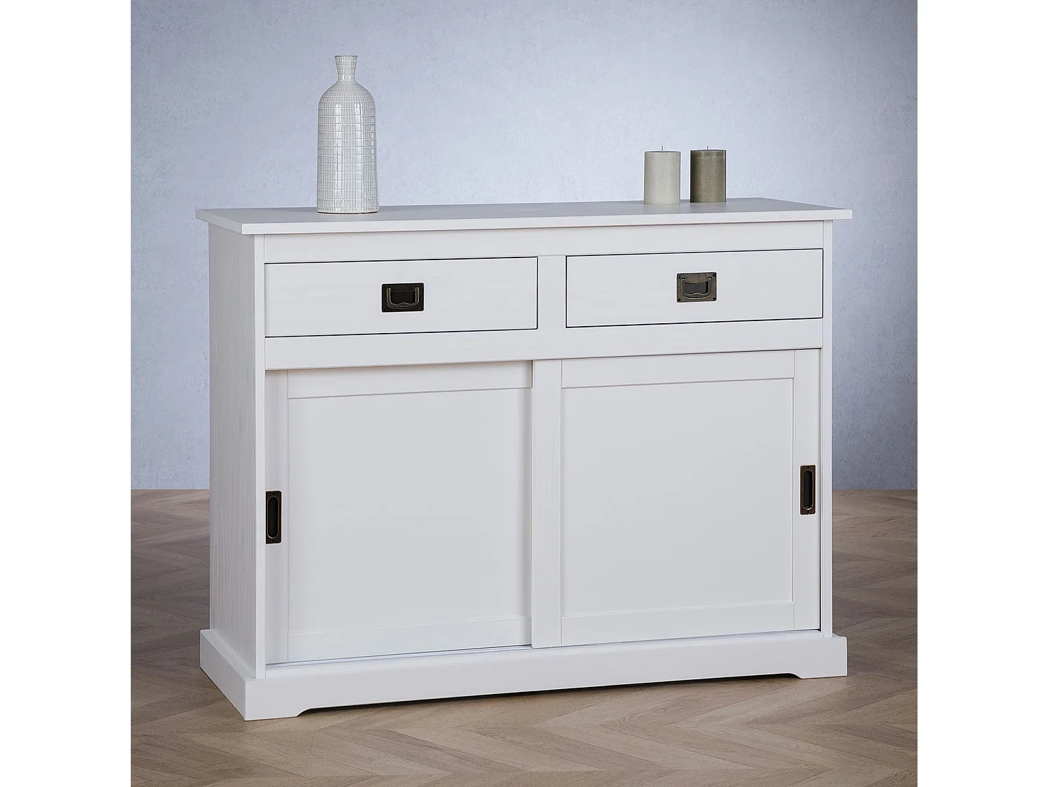 Buffet salle à manger SAVONA L 110 cm en bois massif blanc 2 tiroirs 2 portes coulissantes meuble rangement