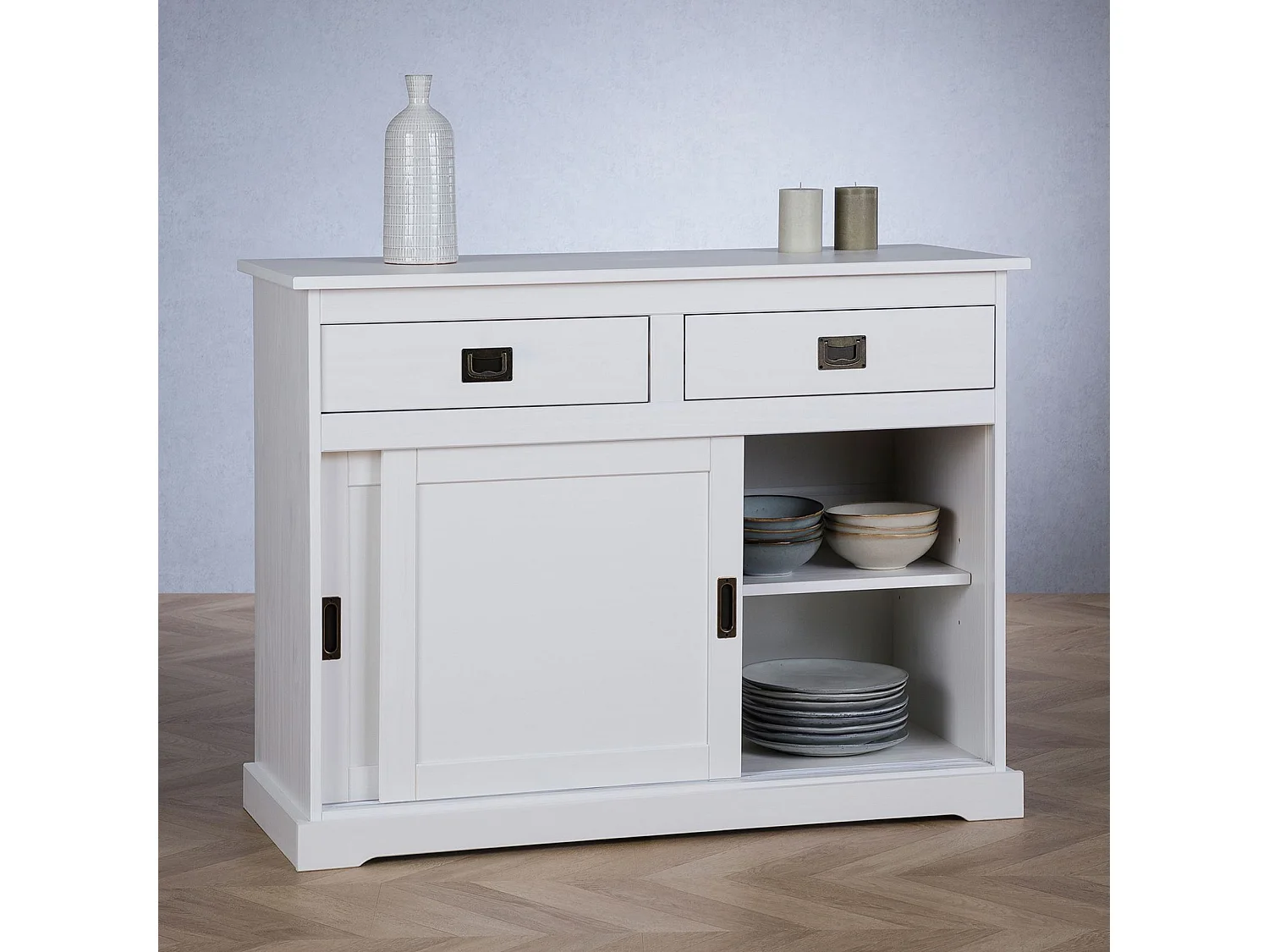 Buffet salle à manger SAVONA L 110 cm en bois massif blanc 2 tiroirs 2 portes coulissantes meuble rangement