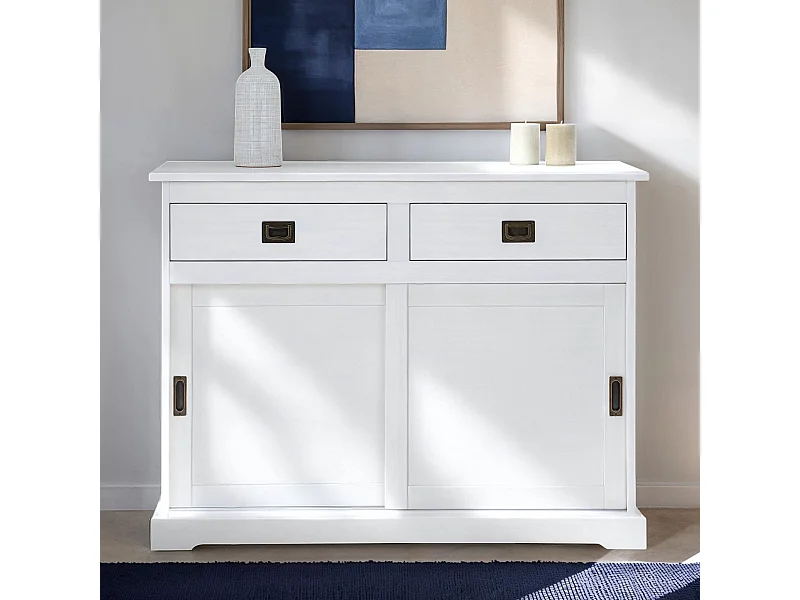 Buffet salle à manger SAVONA L 110 cm en bois massif blanc 2 tiroirs 2 portes coulissantes meuble rangement