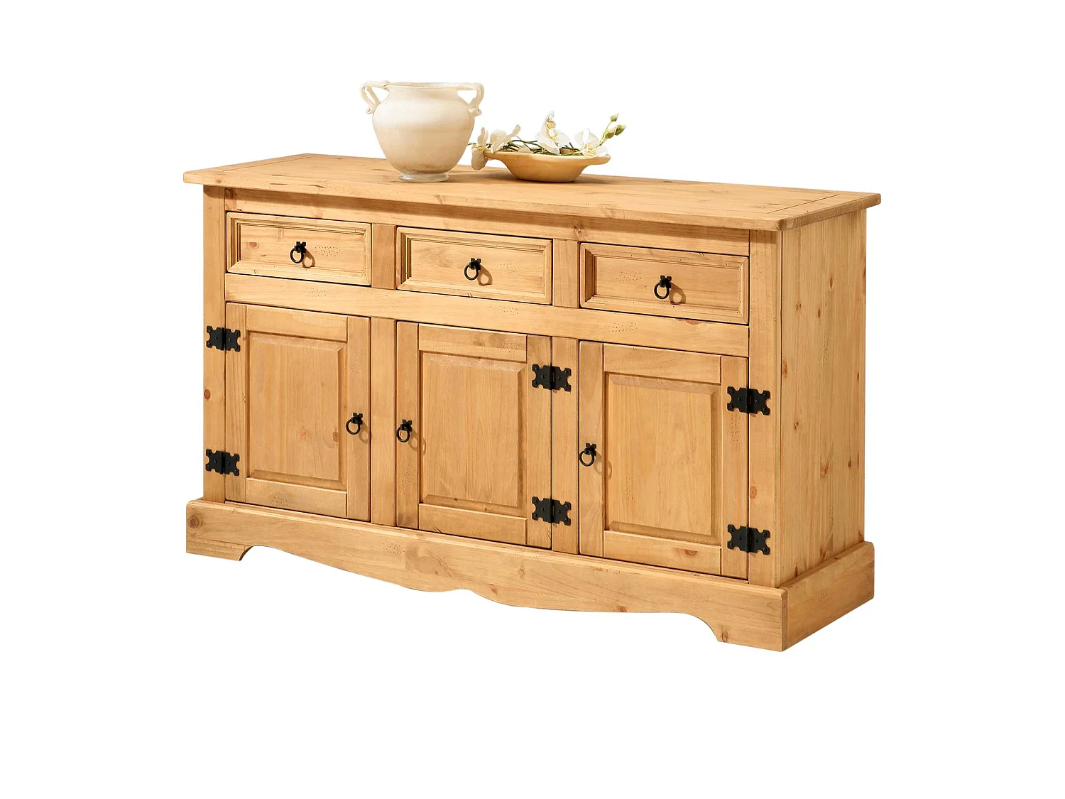 Buffet salle à manger TEQUILA en bois massif L 154 cm avec 3 portes battantes et 3 tiroirs spacieux, coloris teinté laqué