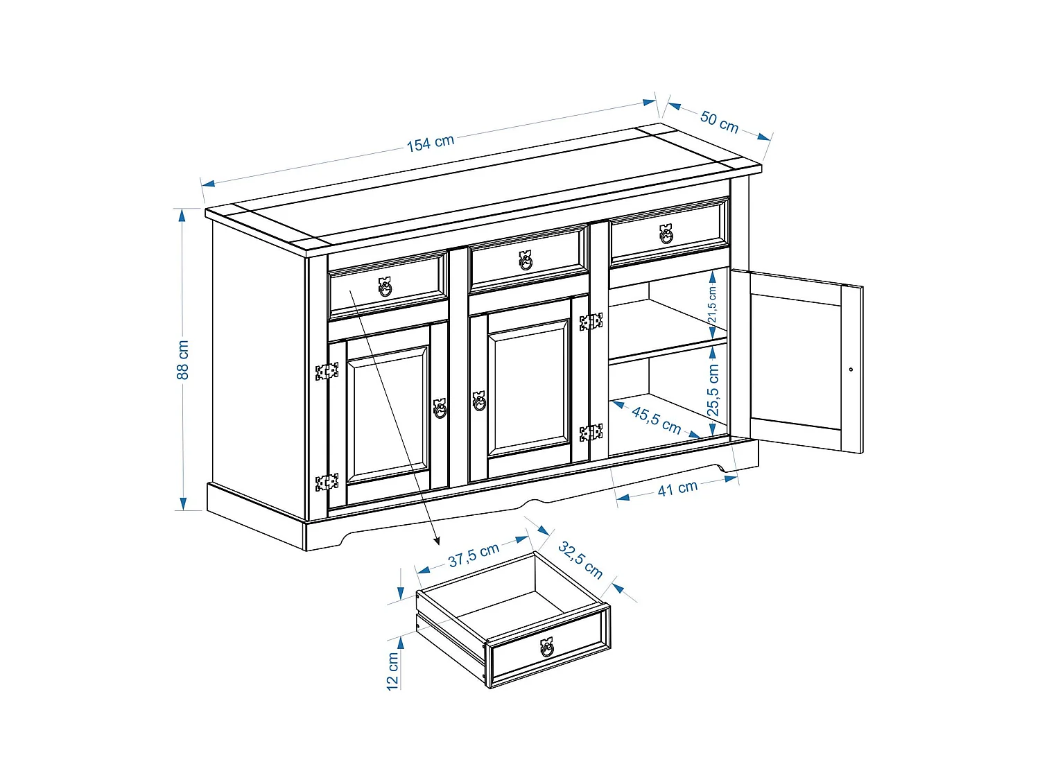 Buffet salle à manger TEQUILA en bois massif L 154 cm avec 3 portes battantes et 3 tiroirs spacieux, coloris teinté laqué