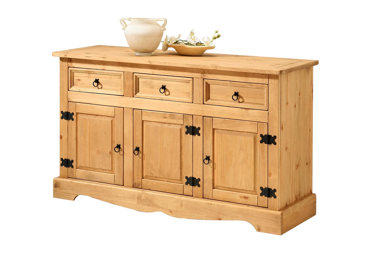 Buffet salle à manger TEQUILA en bois massif L 154 cm avec 3 portes battantes et 3 tiroirs spacieux, coloris teinté laqué