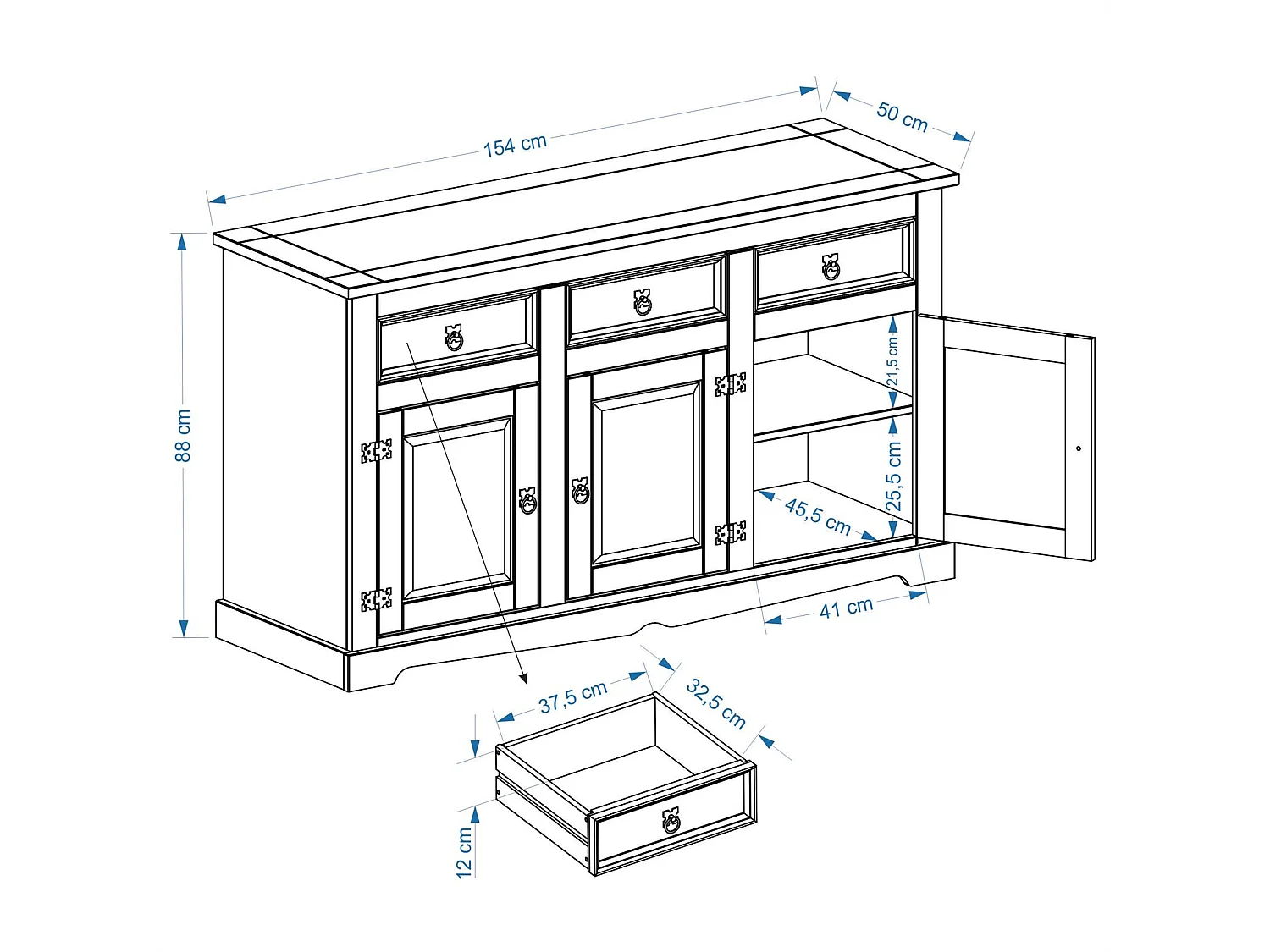 Buffet salle à manger TEQUILA en bois massif L 154 cm avec 3 portes battantes et 3 tiroirs spacieux, coloris teinté laqué