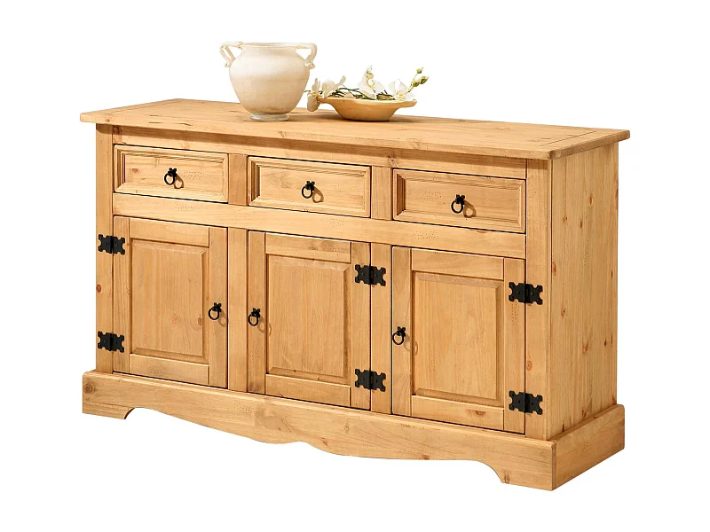 Buffet salle à manger TEQUILA en bois massif L 154 cm avec 3 portes battantes et 3 tiroirs spacieux, coloris teinté laqué