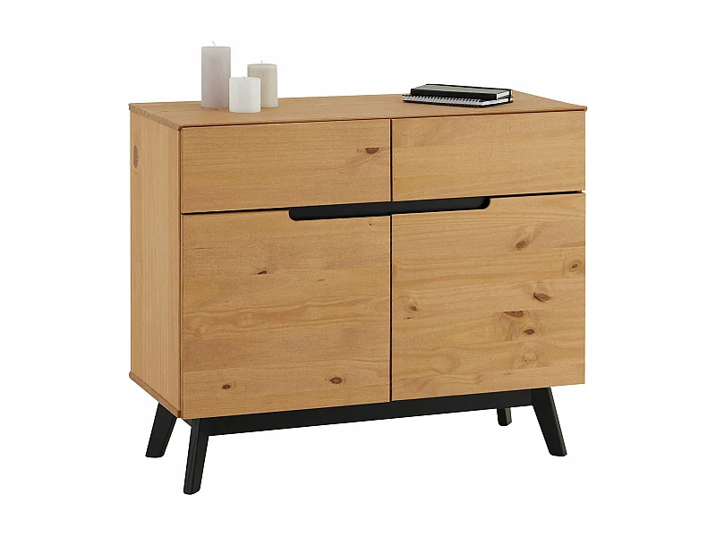 Buffet TIBOR style scandinave design vintage nordique commode bahut vaisselier 2 tiroirs 2 porte, en pin massif finition bois teinté