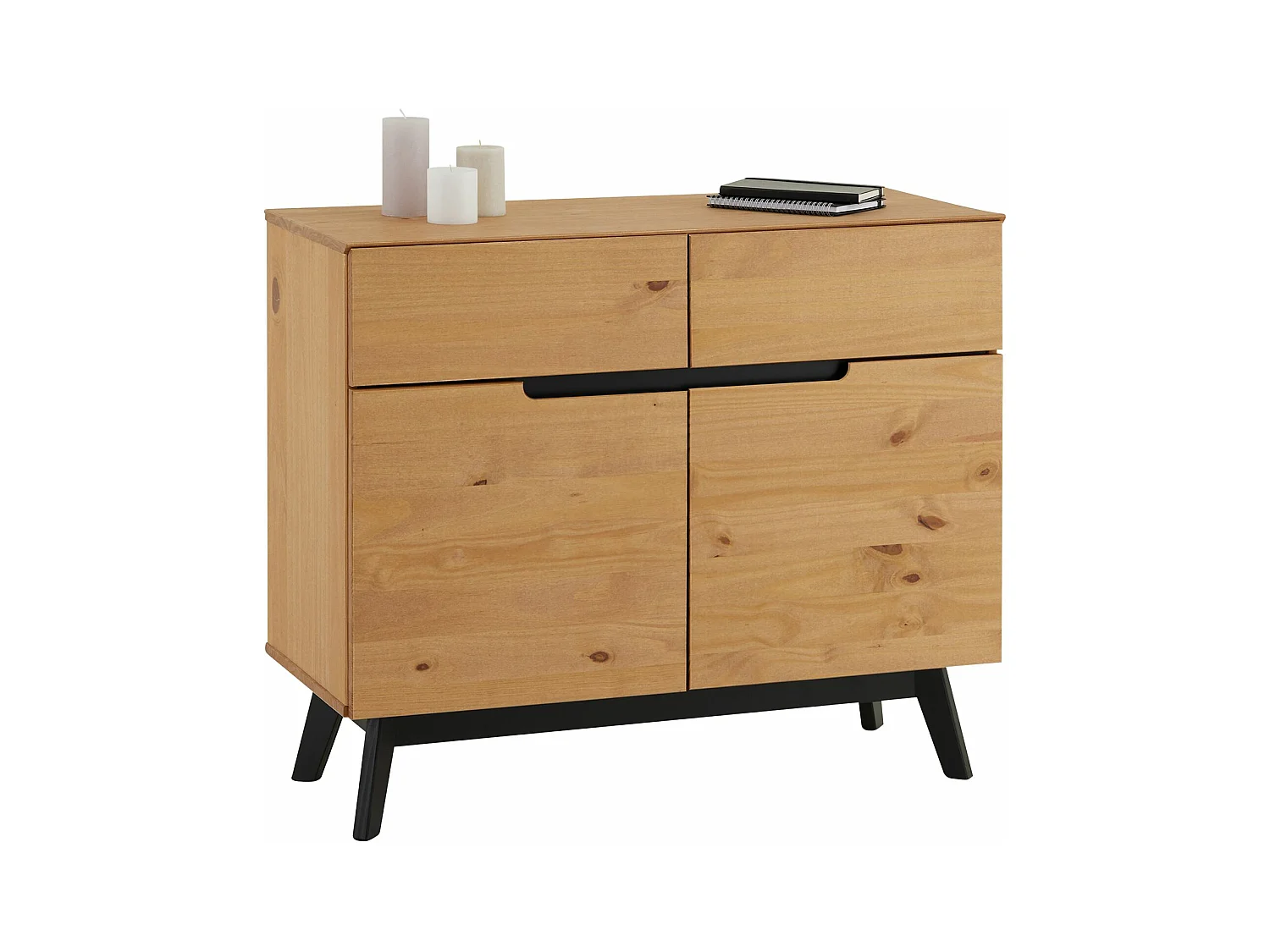 Buffet TIBOR style scandinave design vintage nordique commode bahut vaisselier 2 tiroirs 2 porte, en pin massif finition bois teinté