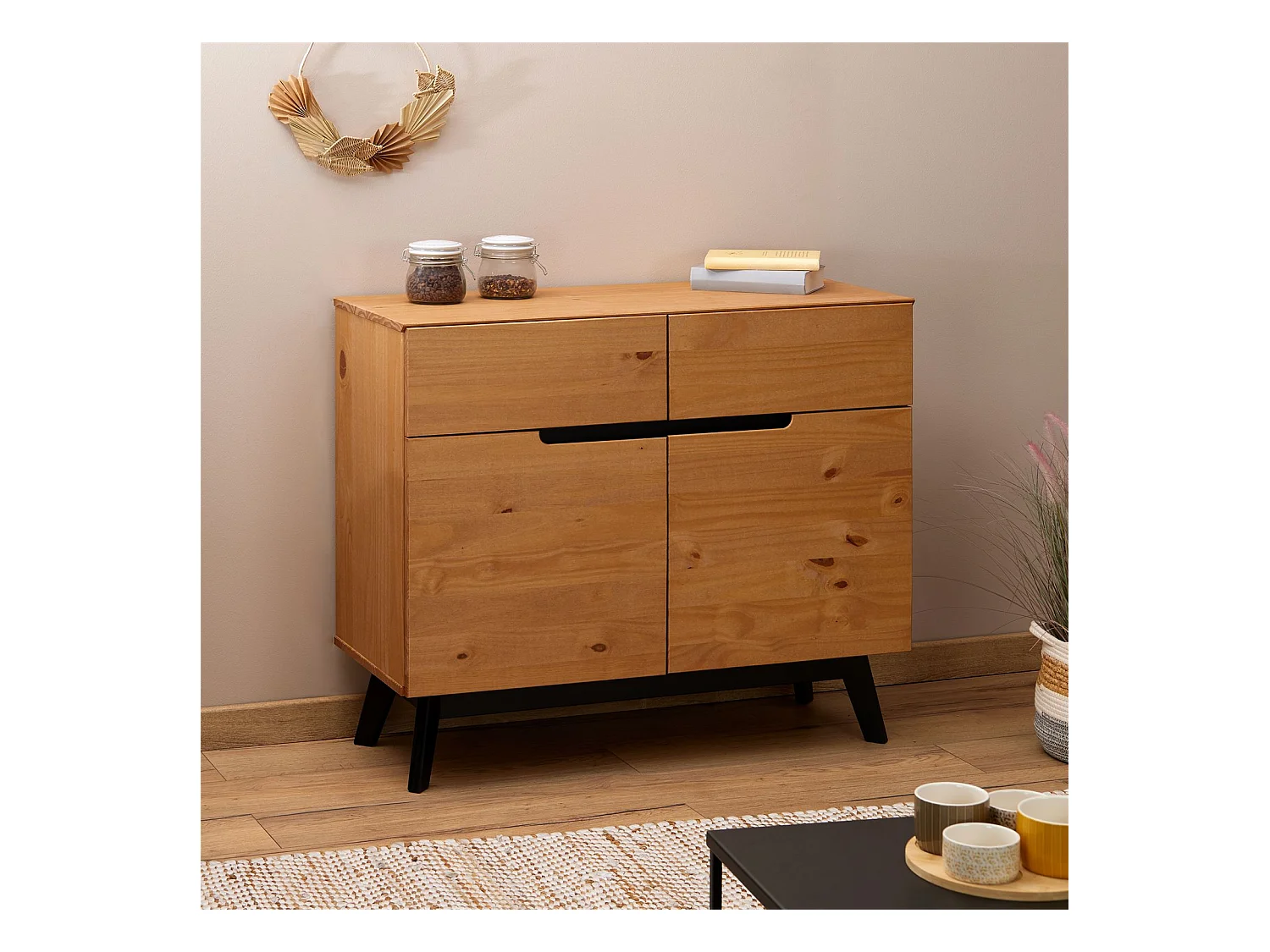 Buffet TIBOR style scandinave design vintage nordique commode bahut vaisselier 2 tiroirs 2 porte, en pin massif finition bois teinté