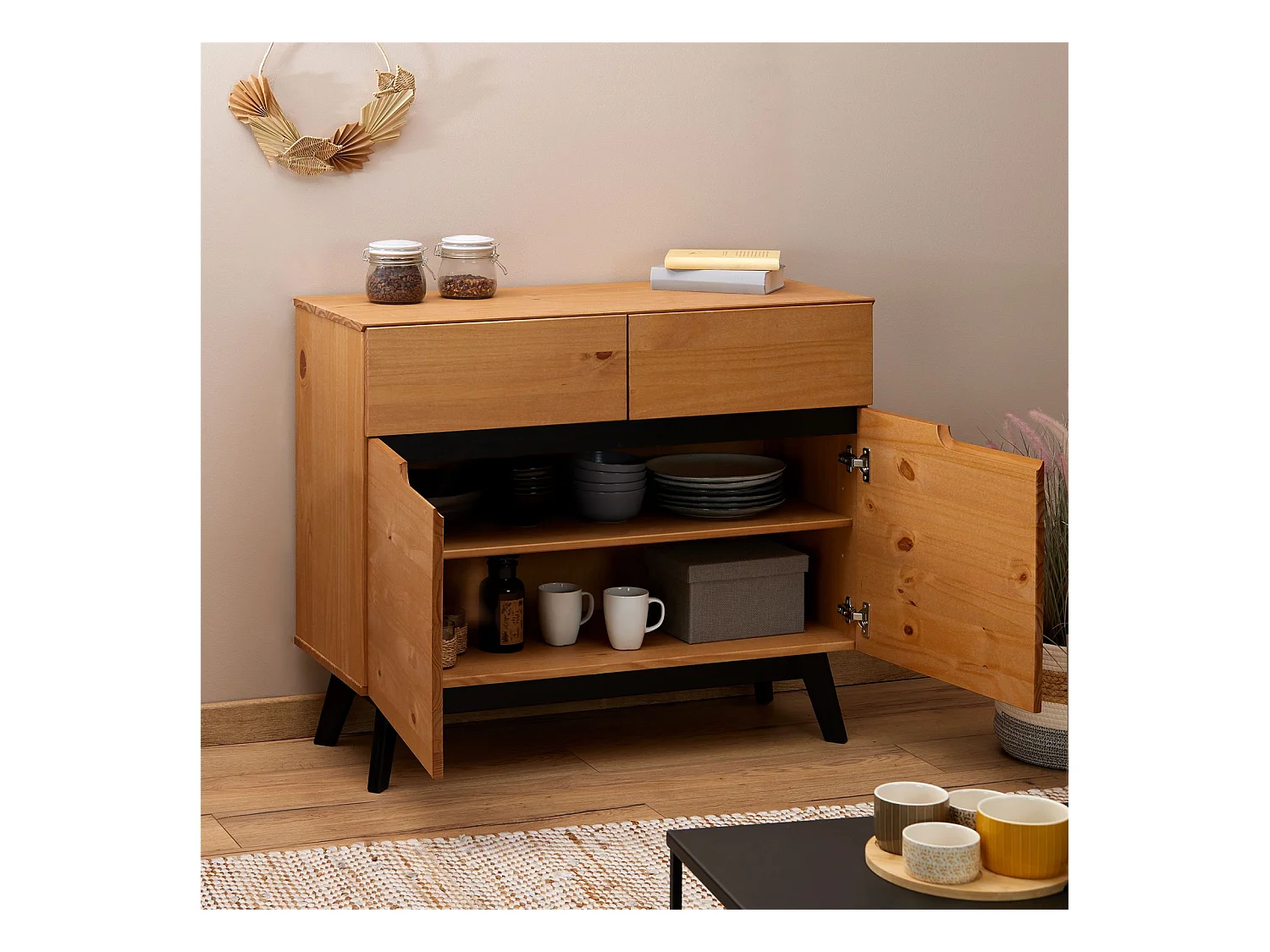 Buffet TIBOR style scandinave design vintage nordique commode bahut vaisselier 2 tiroirs 2 porte, en pin massif finition bois teinté