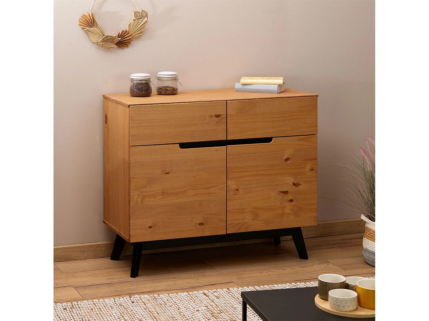 Buffet TIBOR style scandinave design vintage nordique commode bahut vaisselier 2 tiroirs 2 porte, en pin massif finition bois teinté