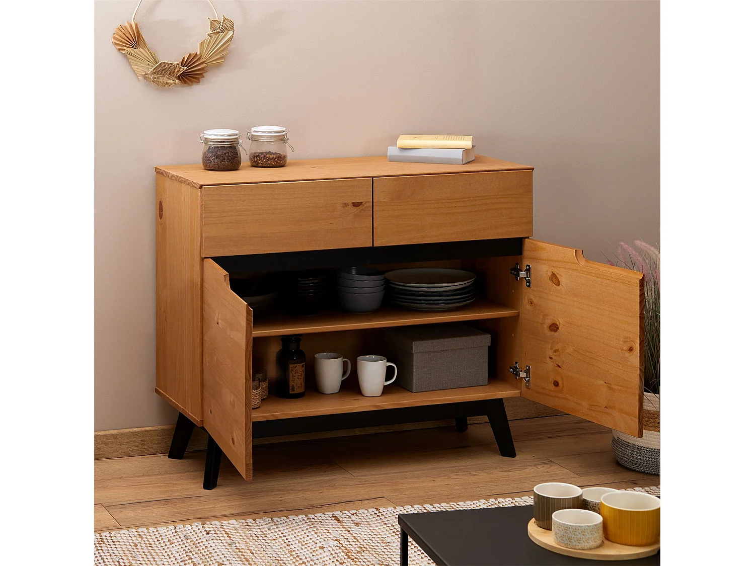 Buffet TIBOR style scandinave design vintage nordique commode bahut vaisselier 2 tiroirs 2 porte, en pin massif finition bois teinté