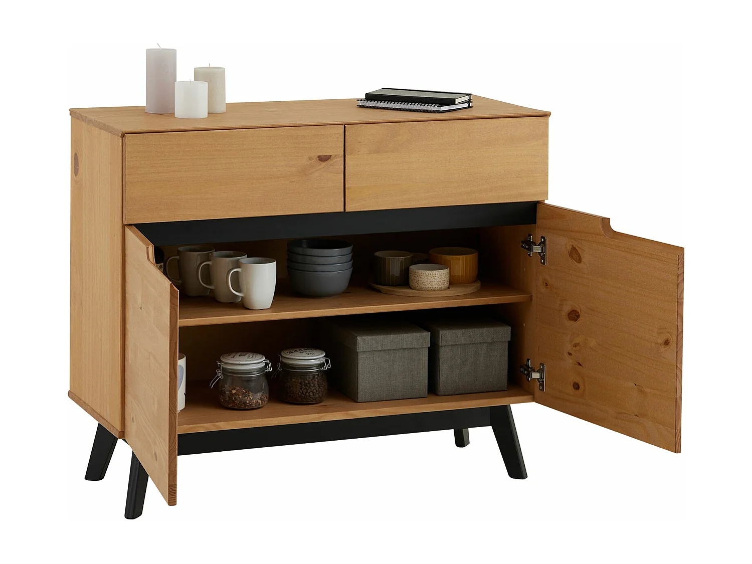 Buffet TIBOR style scandinave design vintage nordique commode bahut vaisselier 2 tiroirs 2 porte, en pin massif finition bois teinté