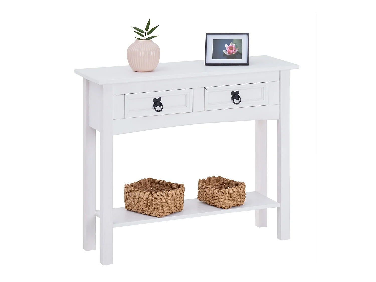 Table console RURAL table d'appoint en pin massif blanc avec 2 tiroirs et 1 étagère, meuble d'entrée style rustique en bois