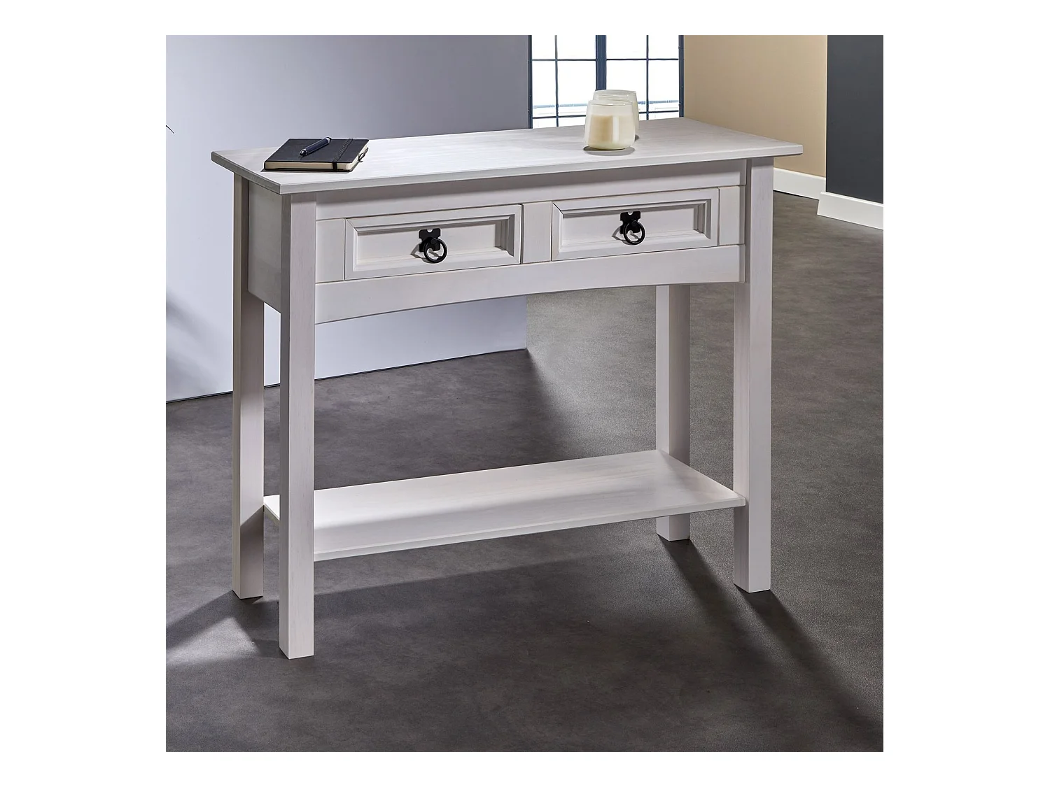 Table console RURAL table d'appoint en pin massif blanc avec 2 tiroirs et 1 étagère, meuble d'entrée style rustique en bois