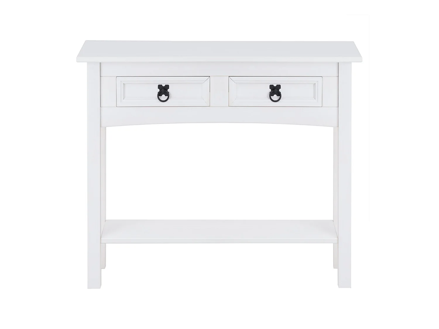 Table console RURAL table d'appoint en pin massif blanc avec 2 tiroirs et 1 étagère, meuble d'entrée style rustique en bois