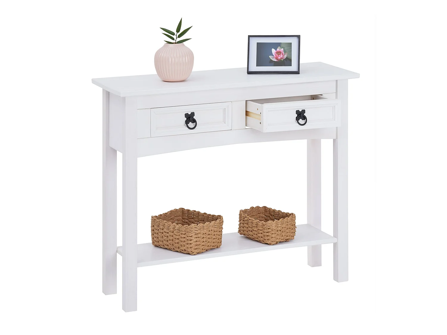 Table console RURAL table d'appoint en pin massif blanc avec 2 tiroirs et 1 étagère, meuble d'entrée style rustique en bois