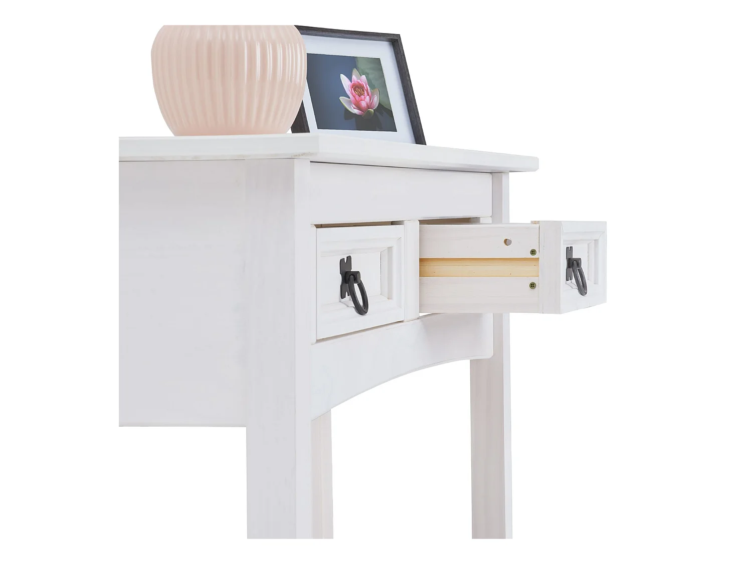 Table console RURAL table d'appoint en pin massif blanc avec 2 tiroirs et 1 étagère, meuble d'entrée style rustique en bois