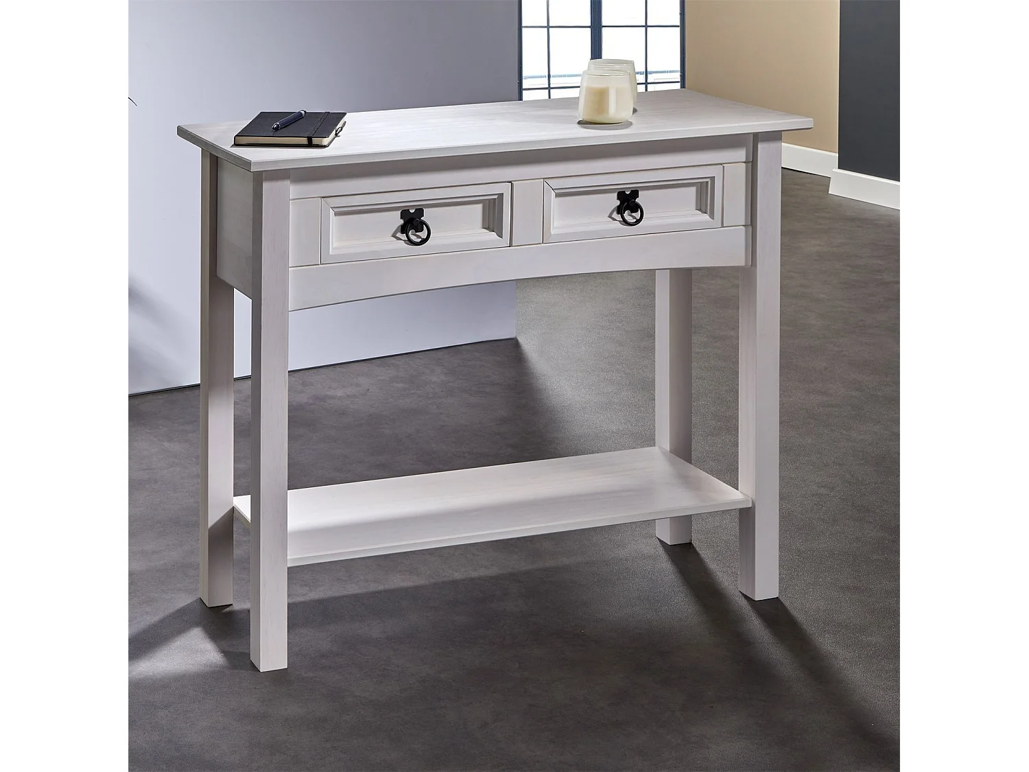 Table console RURAL table d'appoint en pin massif blanc avec 2 tiroirs et 1 étagère, meuble d'entrée style rustique en bois
