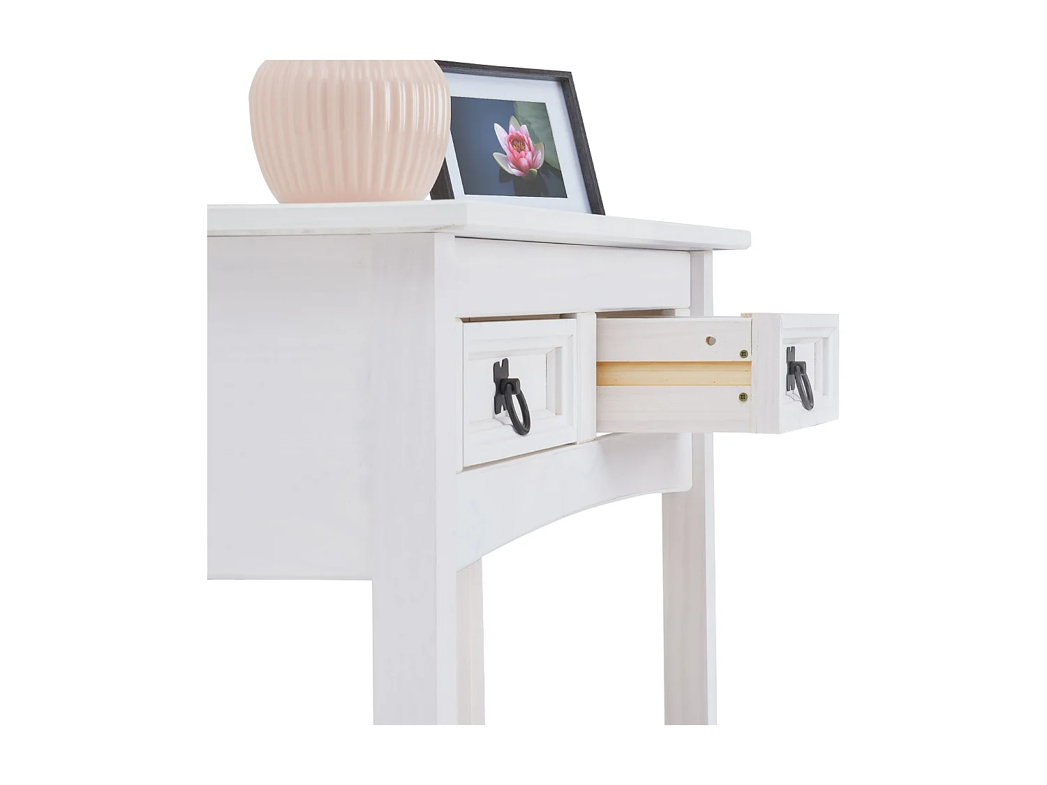 Table console RURAL table d'appoint en pin massif blanc avec 2 tiroirs et 1 étagère, meuble d'entrée style rustique en bois