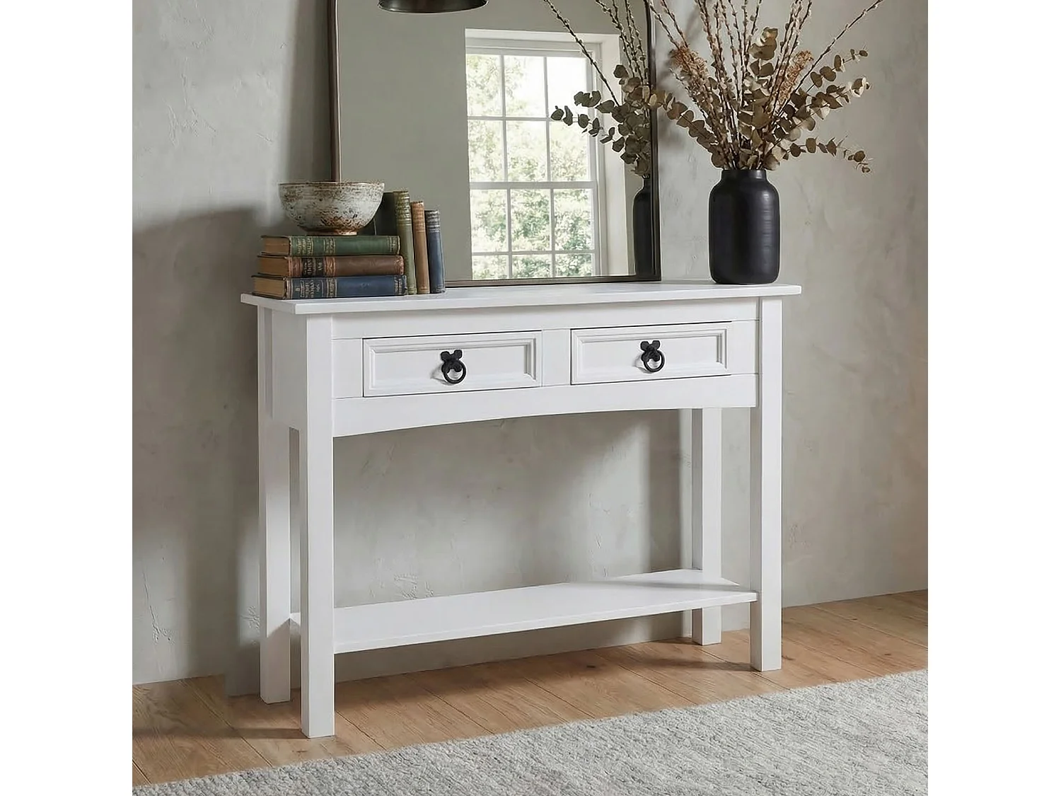 Table console RURAL table d'appoint en pin massif blanc avec 2 tiroirs et 1 étagère, meuble d'entrée style rustique en bois